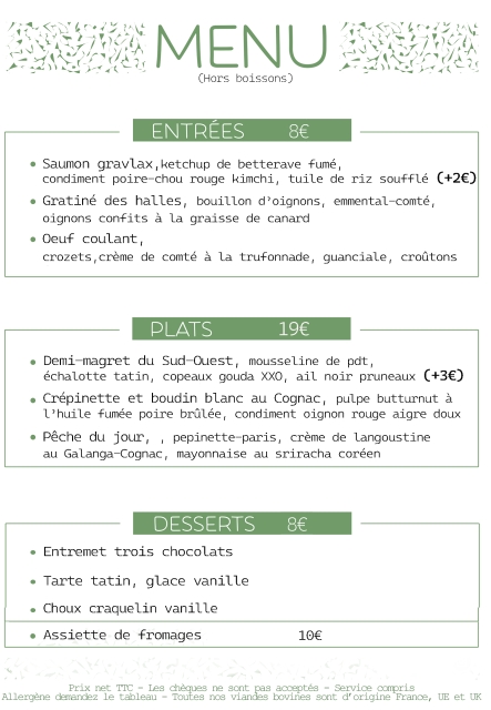 Le Menu du moment au Restaurant le Comptoir de Brice à Angoulême