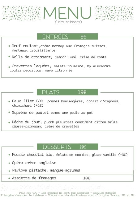 Le Menu du moment au Restaurant le Comptoir de Brice à Angoulême
