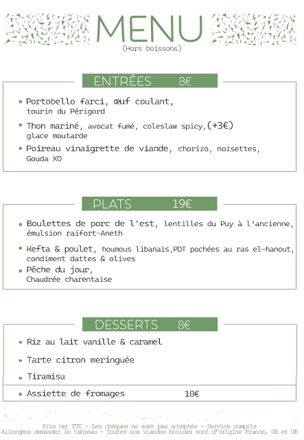 Le Menu du moment au Restaurant le Comptoir de Brice à Angoulême