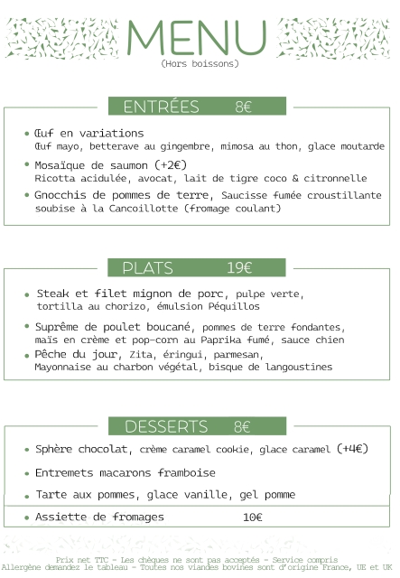 Le Menu du moment au Restaurant le Comptoir de Brice à Angoulême
