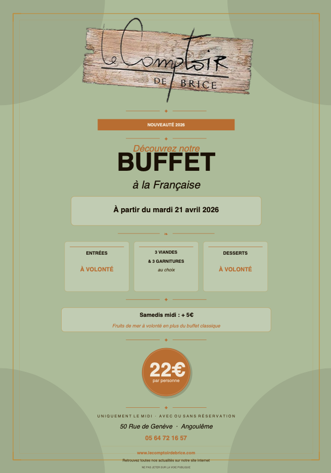 Le Menu du moment au Restaurant le Comptoir de Brice à Angoulême