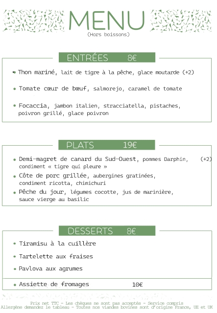 Menu du Soir au Restaurant le Comptoir de Brice à Angoulême